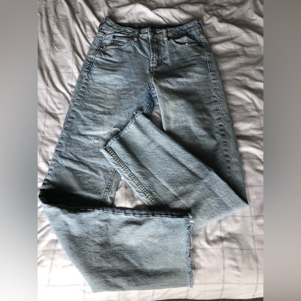 Full length straight leg cut off jeans